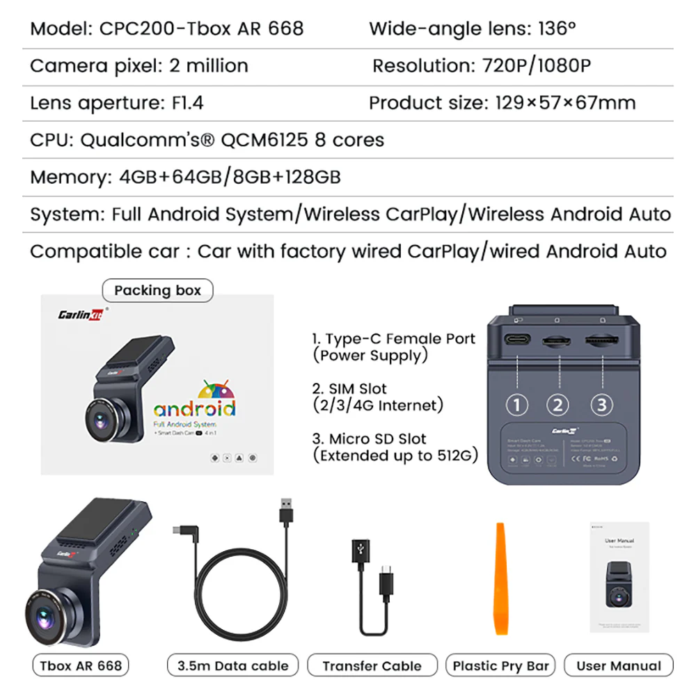 CarlinKit QCM 6125 Android 13 Wireless Carplay Al Box Android Auto HD Dash Cam 1080P YouTube Netflix Google Play Mini TV Box - Image 3